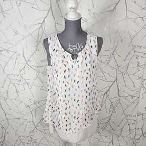 DeVie White Colorful Feathers Print Asymmetrical Tiered Tank